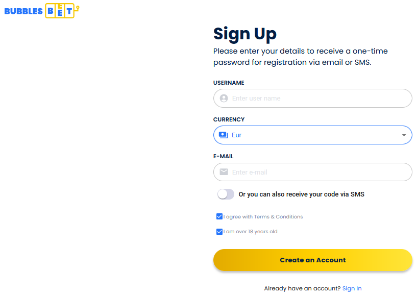 Bubbles Bet Casino Sign Up