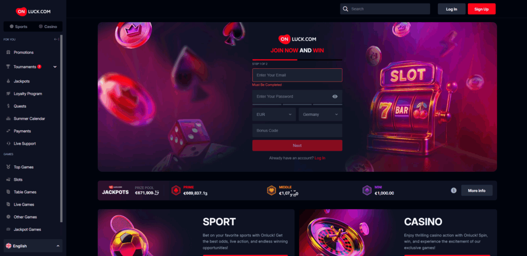 Onluck Casino Desktop Screenshot